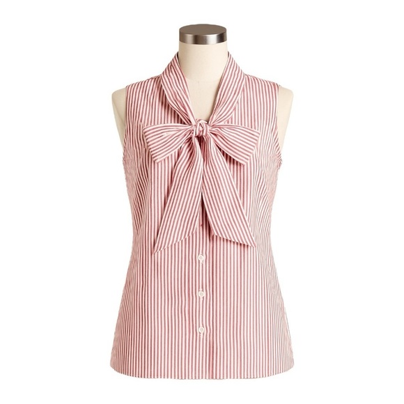 Tahari ASL Red White Striped Sleeveless Blouse S NWT Bow Neck Button Front Top - Picture 1 of 9